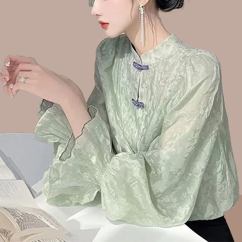 时尚气质新中式盘扣雪纺衬衫女士2025春秋新款小个子国风显瘦衬衣