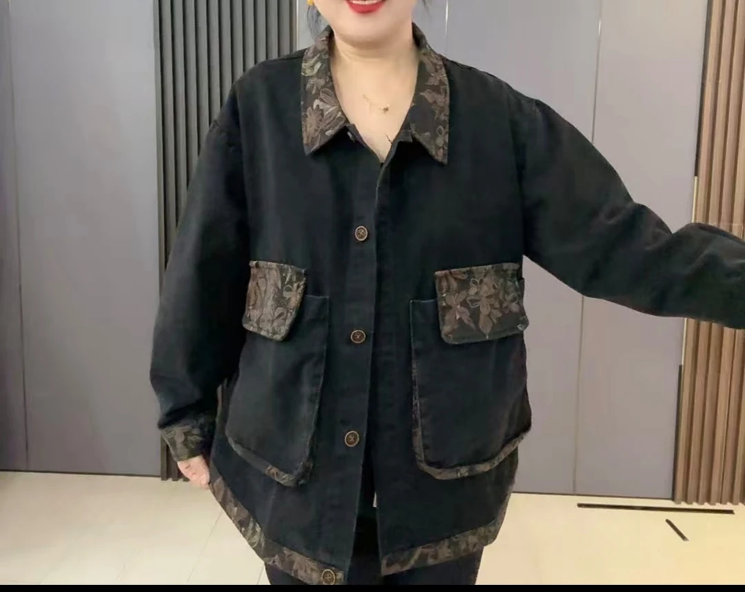 1308大码印花宽松显瘦遮肉百搭牛仔外套