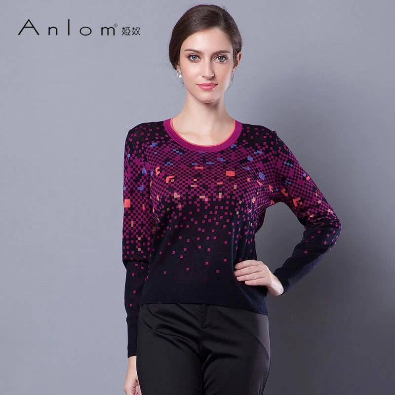 Anlom/娅奴秋装女新款圆领套头长袖修身桑蚕丝针织衫女上衣