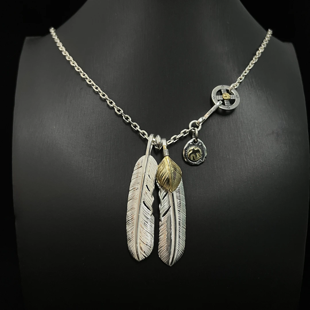 坠链均925银 老张同款潮人穿搭配饰时尚高桥吾郎羽毛搭配银饼项链