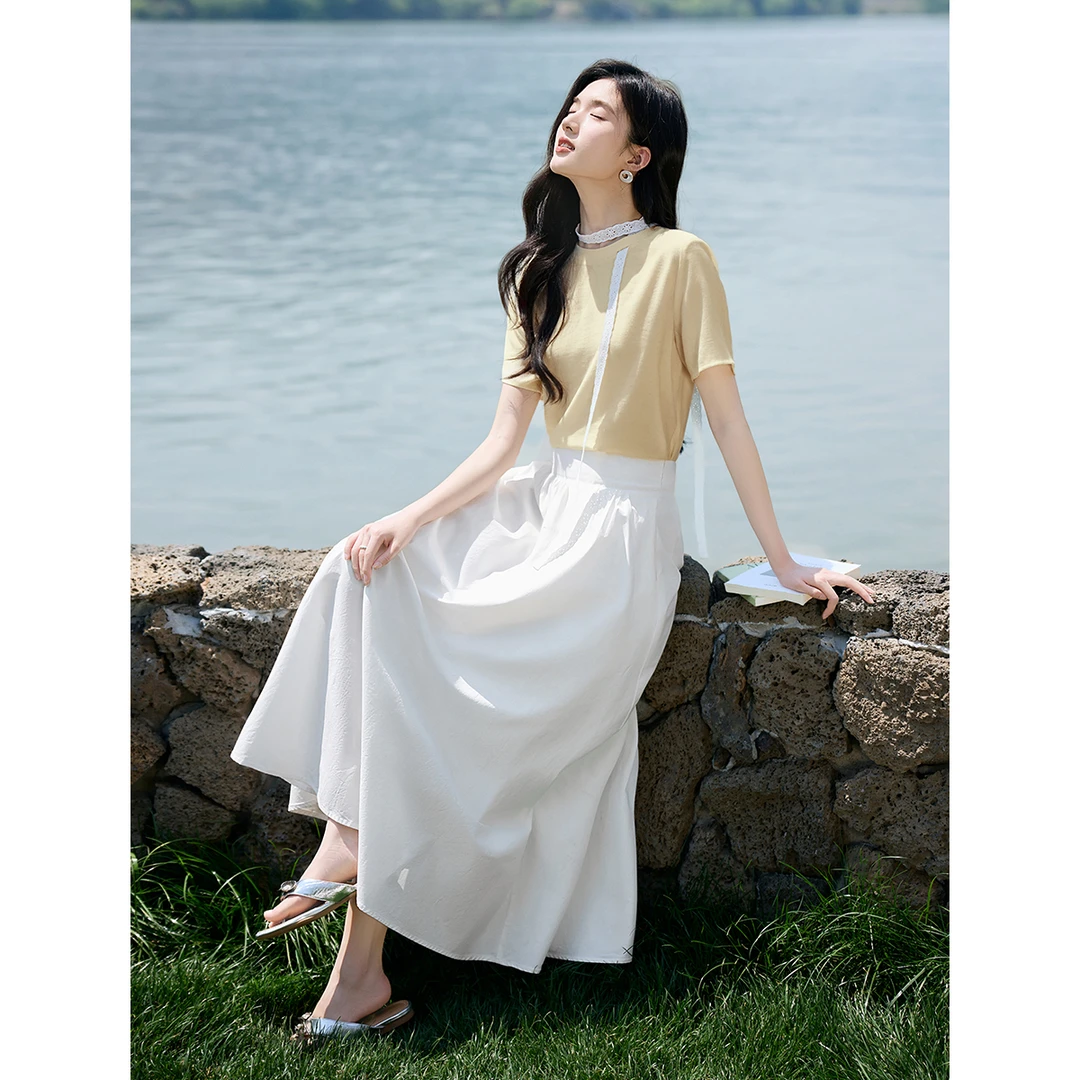 XWI/欣未100%棉仙气伞摆A字裙2025夏百搭白色高腰半裙0014