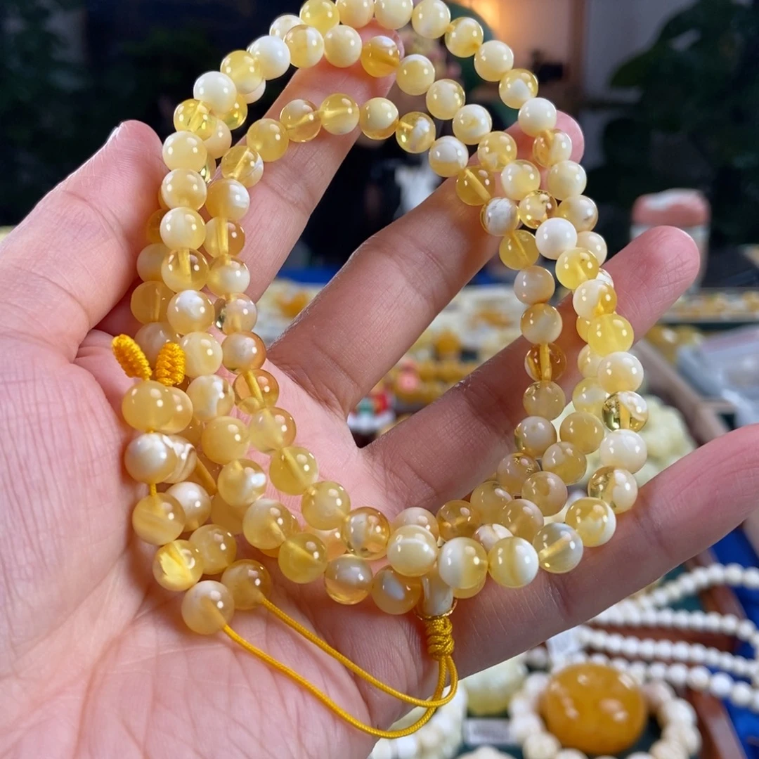 琥珀未镶嵌珠宝奇石7金瓷白108圆珠23.52