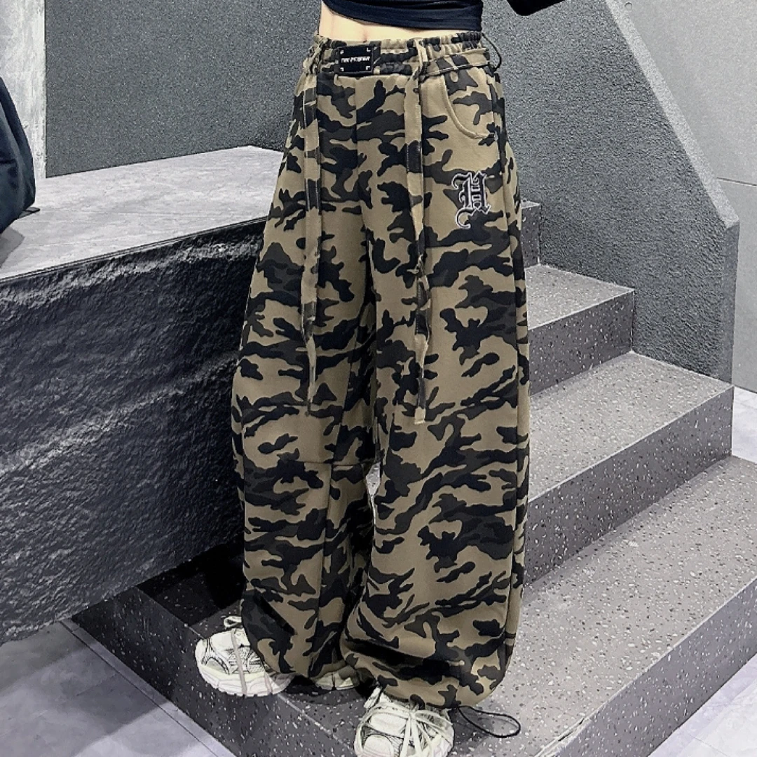 2617秋冬美式高腰街舞显瘦休闲飘带宽松迷彩长裤