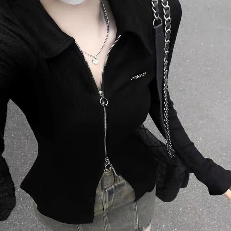 连帽春秋季纯欲修身设计感小众拉链辣妹上衣女Po韩慵懒纯欲长袖