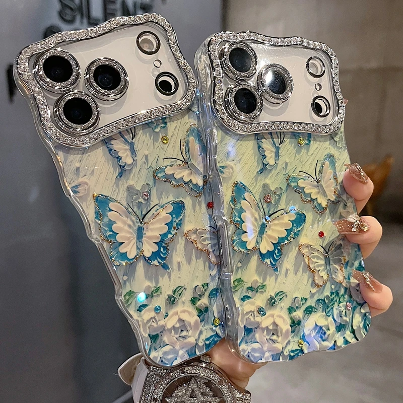 适用苹果系列iPhone17新款手机壳满屏蓝色蝴蝶全包满钻精孔镜框
