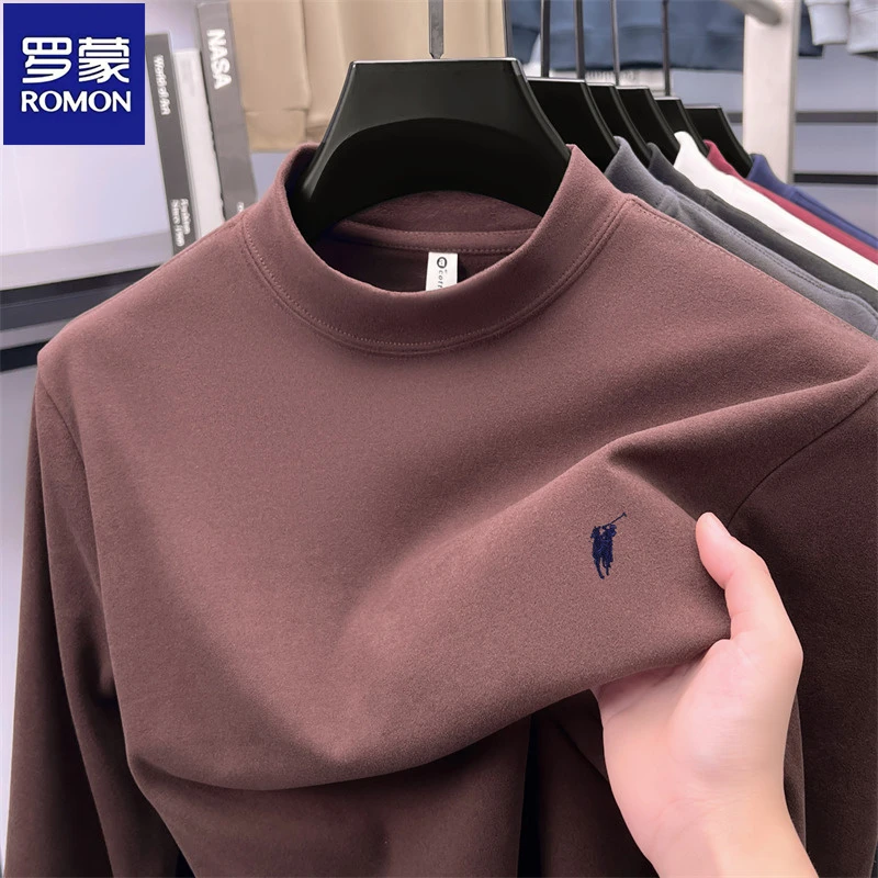 罗蒙秋冬双面德绒半高领内搭打底卫衣男新款刺绣磨毛保暖t恤上衣