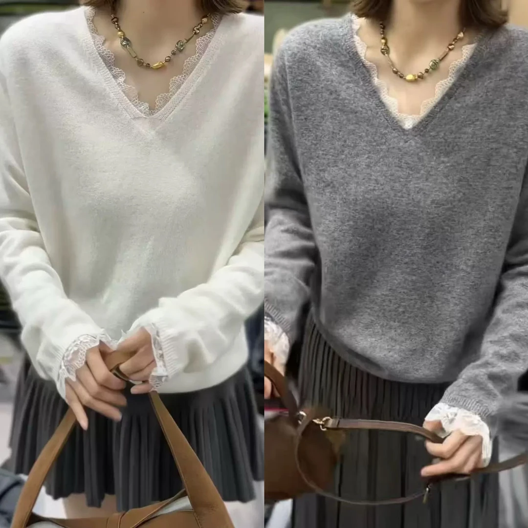 【秋冬新款】 MT‘ 慵懒风V领蕾丝毛衣‘ 温柔羊毛针织衫时尚显瘦百搭