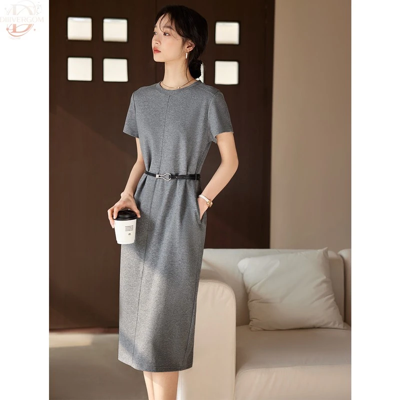 千金清冷感年夏季新款气质圆领连腰带收腰中长款连衣裙女