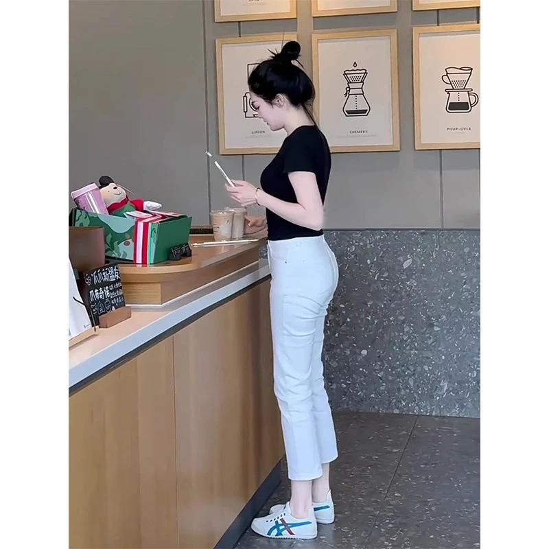 白色直筒牛仔裤女秋冬加绒新款2025新款八分小个子九分窄版烟管裤