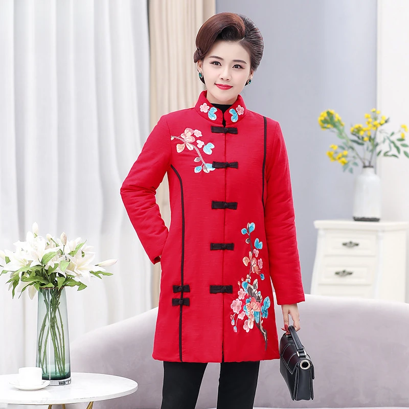 彩羊fazeya2025年新款复古盘扣棉衣妈妈冬装中长款绣花棉袄