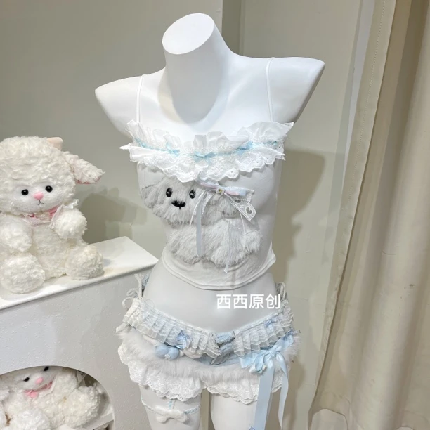 原创西西DD-102手作款夏季韩版可爱性感吊带辣妹日系甜超短牛仔裤