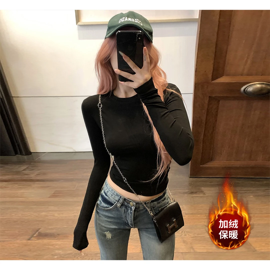 短款德绒休闲简约修身显瘦长袖T恤女装秋冬减龄内搭打底衫短上衣