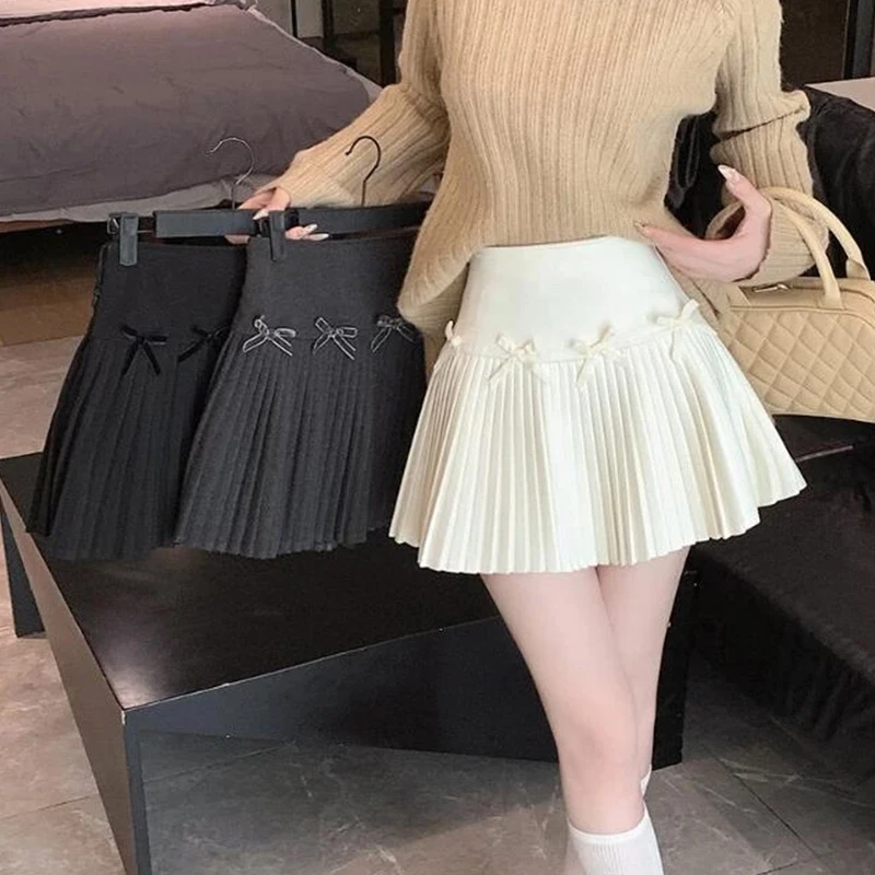 蝴蝶结百叶半身裙女秋季毛呢芭蕾风裙裤百褶裙子甜美高腰a字短裙