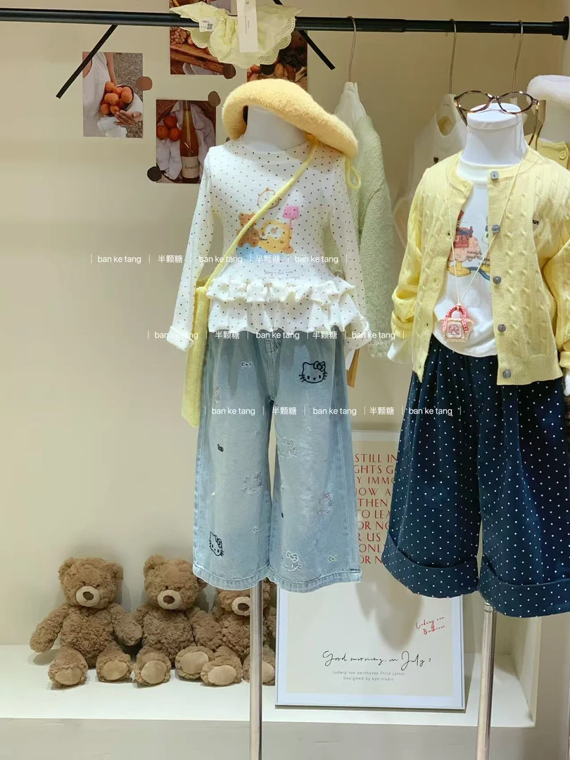 女童秋季波点花边上衣2025秋装女宝宝洋气长袖打底衫内搭童装韩版