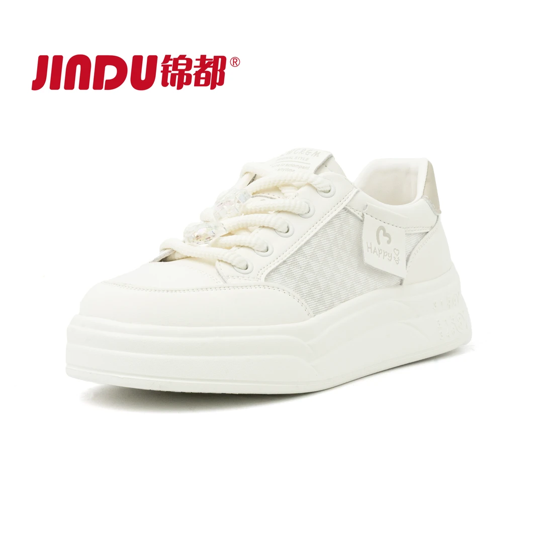 JINDU/锦都小白鞋2025新款夏季百搭网鞋透气厚底配裙子鞋网面