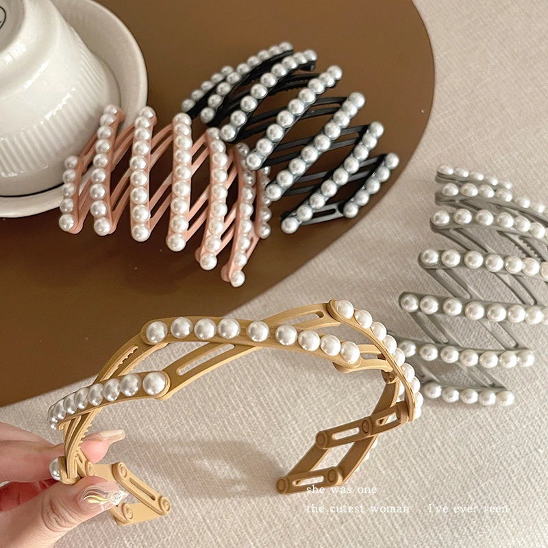 旅行便携可折叠人造珍珠发箍女洗脸伸缩压发防滑头箍刘海发卡发捆