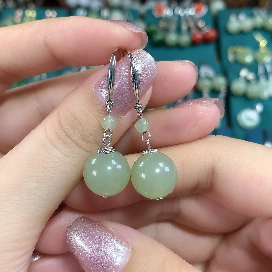 和田玉银S925镶嵌耳饰天然卡12mm左右冰晴水