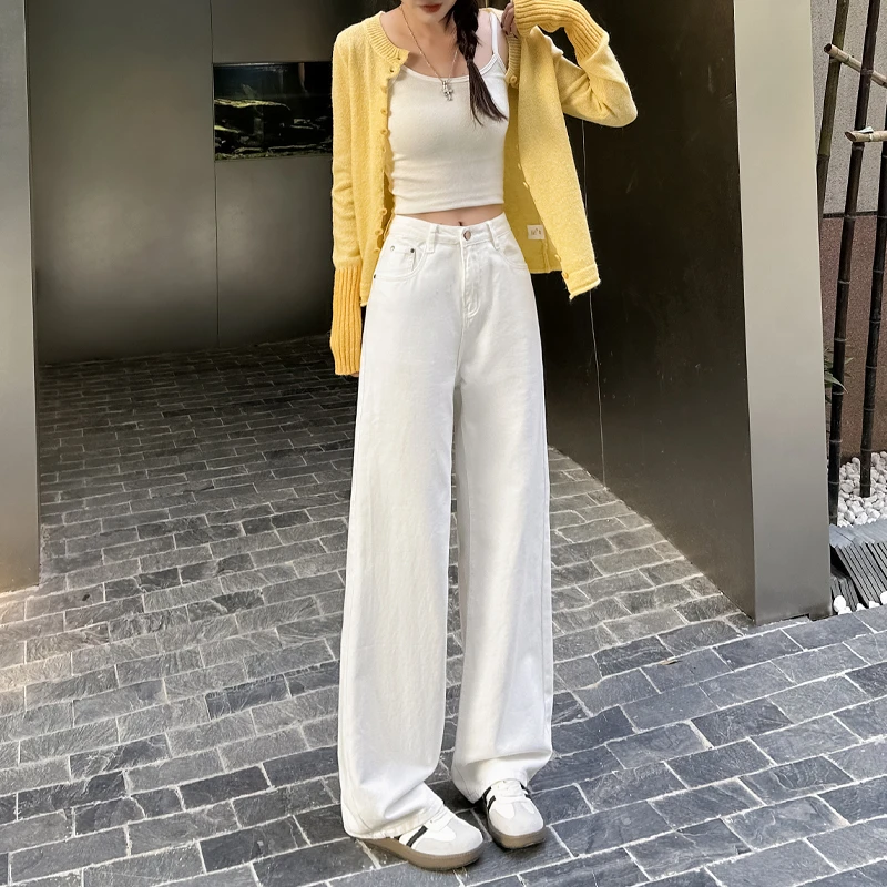 白色百搭阔腿裤女2025春季新款高级感宽松显瘦直筒牛仔裤拖地高腰