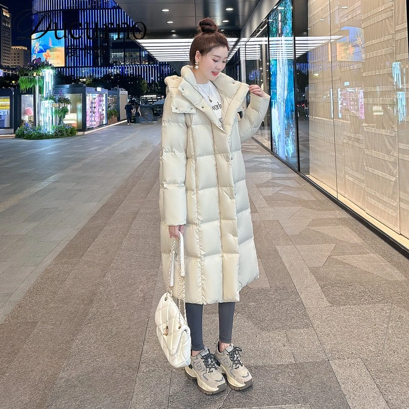 白鸭绒羽绒服长款加厚过膝2025冬季新款百搭保暖宽松面包服外套