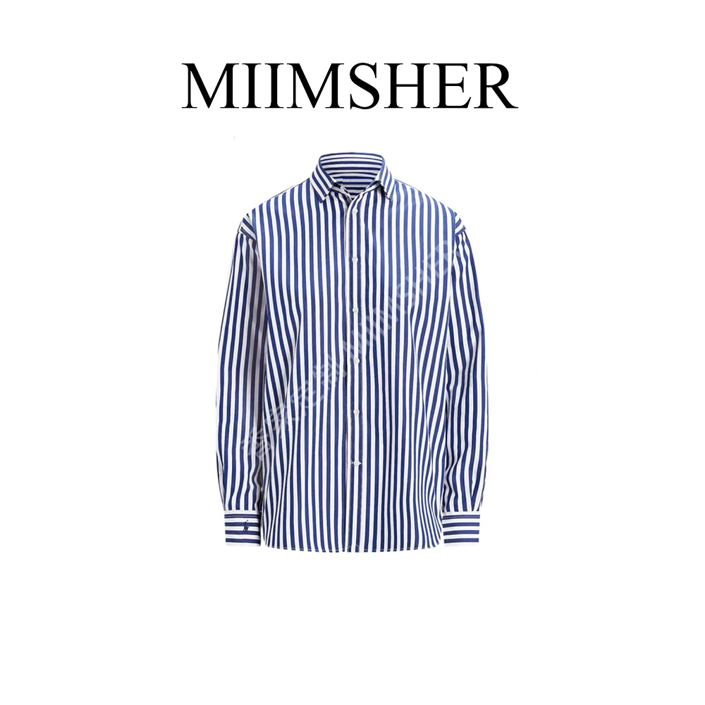【刘亦菲同款】竖条纹拼色宽松版翻领显瘦博主风气质衬衫MS233049