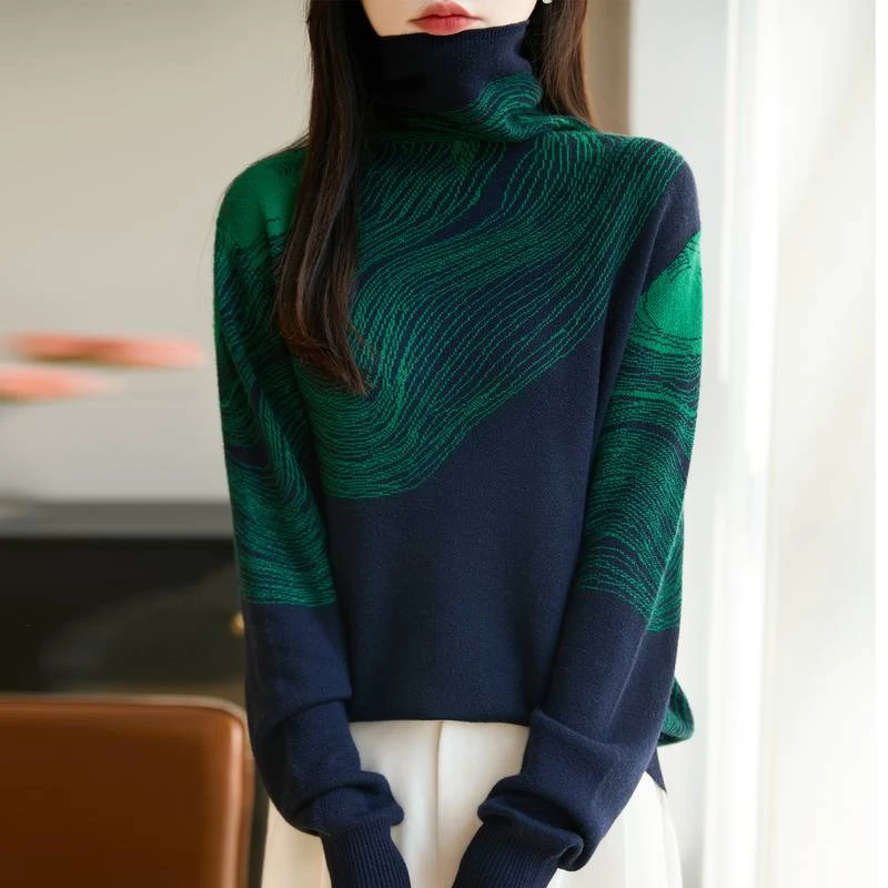 品牌撤柜正品时尚洋气线条提花针织衫长袖堆堆领羊毛衫新款气质女