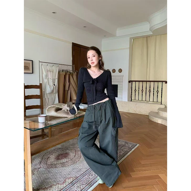 2025早秋季新款修身显瘦网红穿搭针织上衣休闲简约时尚阔腿长裤女