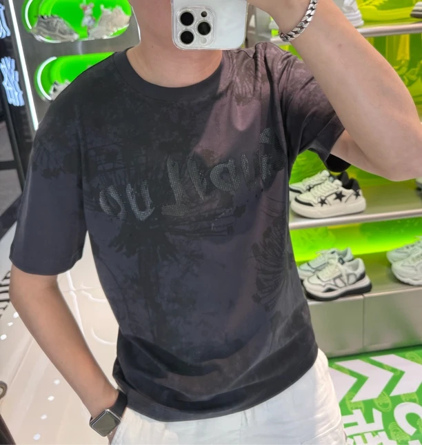 GUDILUO 男士夏季重工欧货全花设计师款铁灰短袖T恤