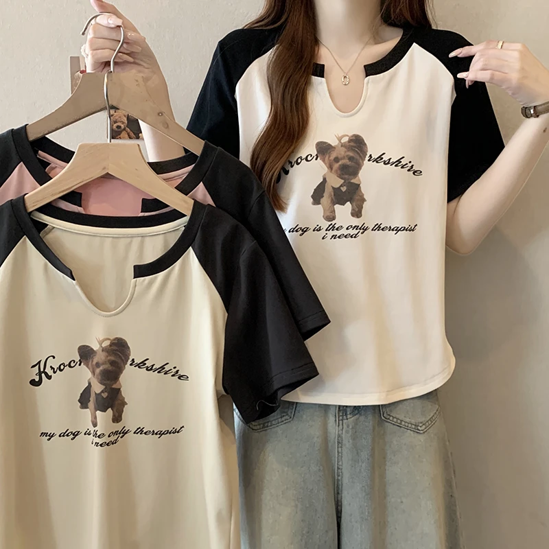 Q2025新款胖mm大码女撞色宽松显瘦印花小狗插肩短袖T恤A1221