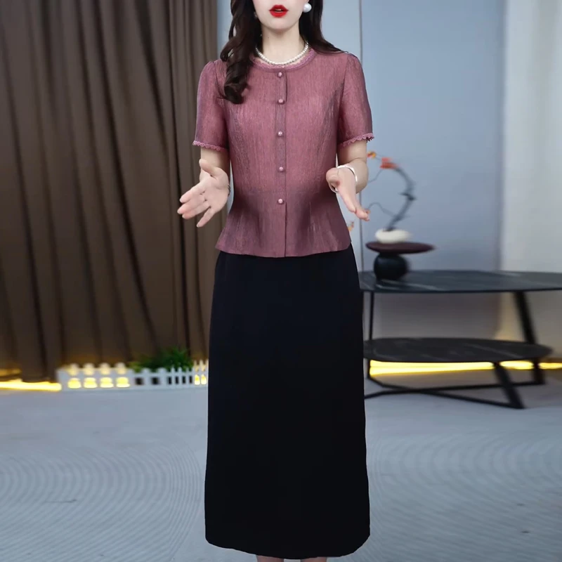 时尚大码假两件连衣裙2025夏季高腰显瘦中长款气质减龄妈妈礼服裙