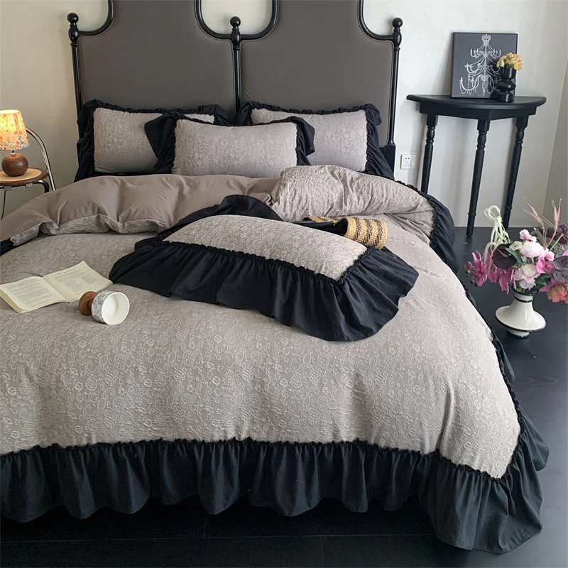 满版立体提花双层纱四件套四季款公主风花边被罩四件套床单床笠款