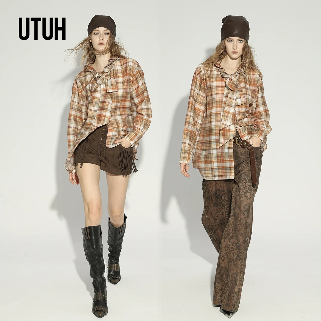 UTUH杏橘格渐变立体荷叶边绑带廓形衬衫女复古V领高级 TLWWA1C252