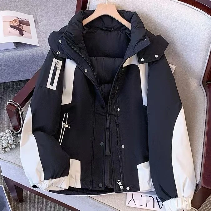 D46撞色棉服女新款冬季加厚棉衣宽松连帽冲锋衣外套户外登山服