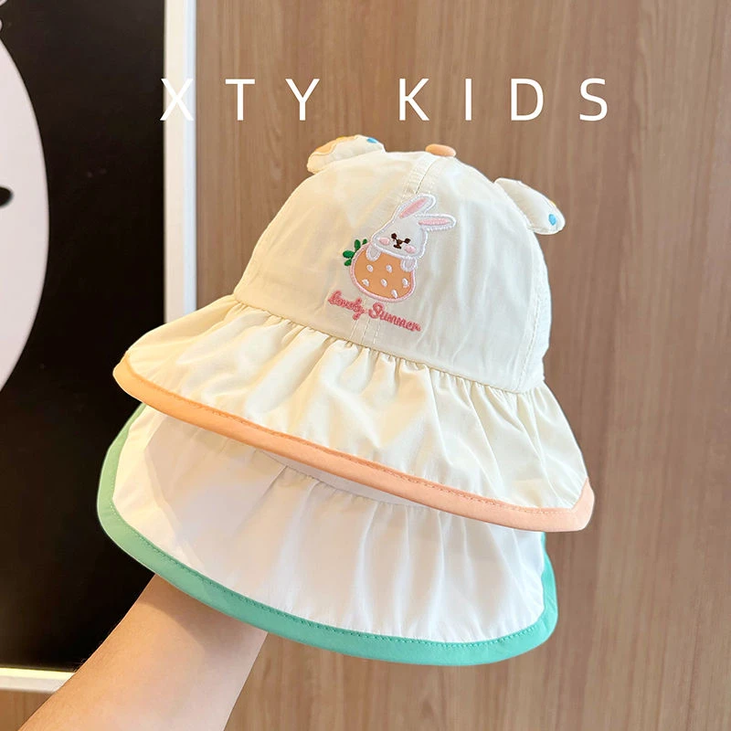 宝宝帽子春夏款渔夫帽大檐薄款速干防晒帽可爱小兔婴幼儿童遮阳帽
