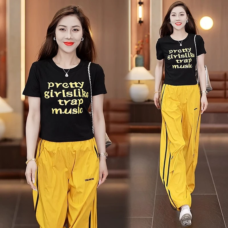 字母印花短袖T恤女2025夏季新款运动套装洋气显瘦工装裤两件套潮