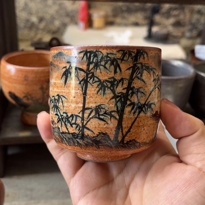 狒***疆其他全手工柴烧志野手绘山水086