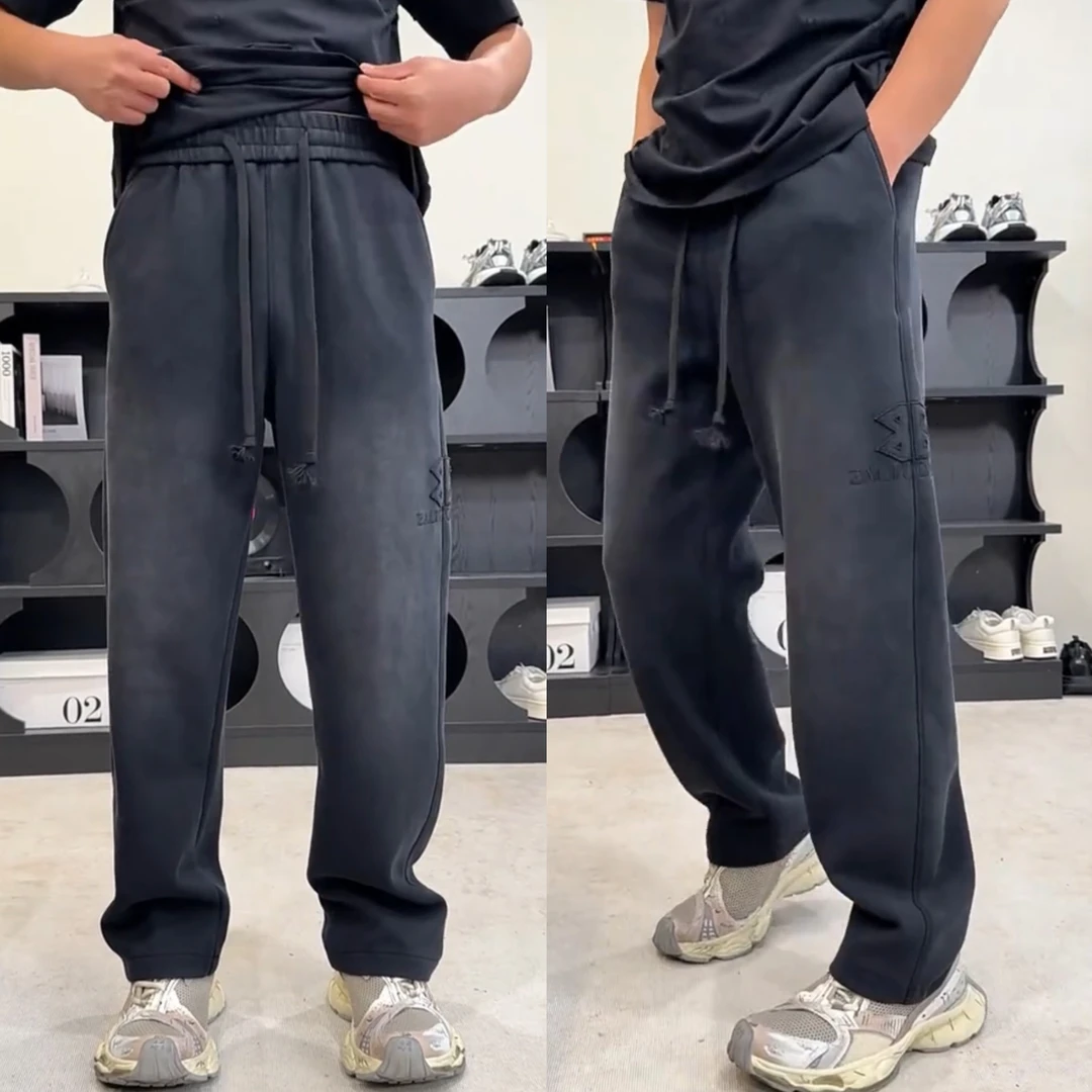 冬季重磅加绒渐变直筒休闲裤男士潮牌复古时尚百搭保暖运动弯刀裤