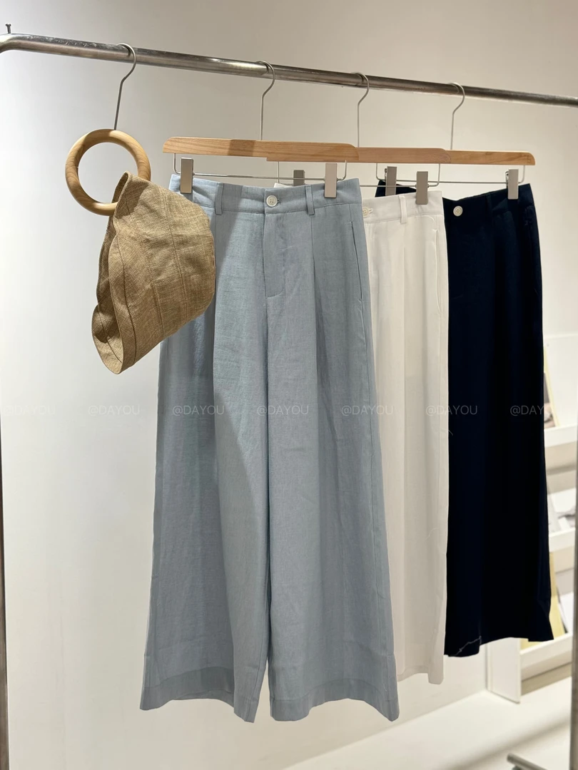 SANSAN 夏季莫兰迪色简约百搭棉麻宽松阔腿裤