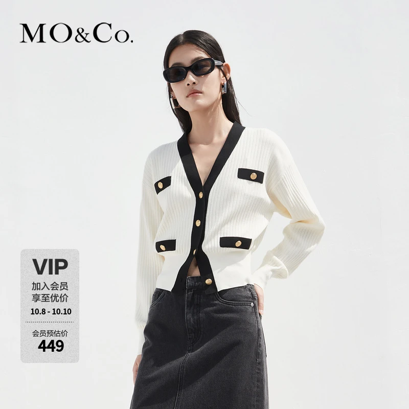 MOCO春季金扣撞色边V领短款针织开衫条纹小香风时尚MBC1CART14