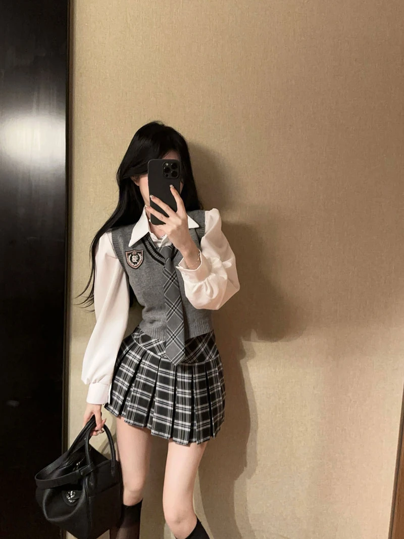 春秋冬jk制服套装女学院风美式甜美高级感长袖上衣叠穿马甲三件套