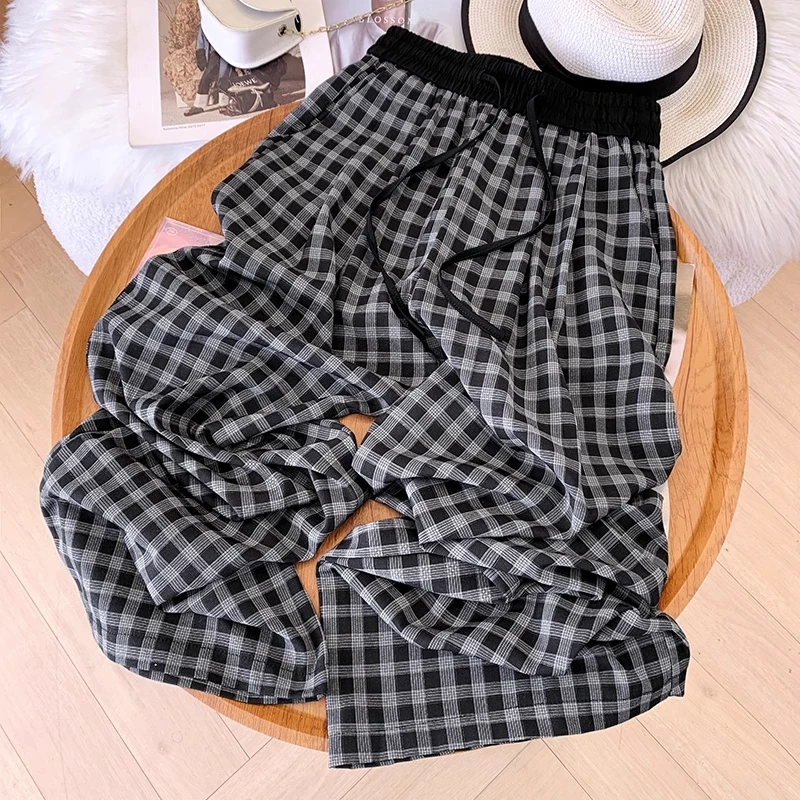 拉夏贝尔格子阔腿裤女夏季薄款2025新款今年流行爆款好看直筒裤子