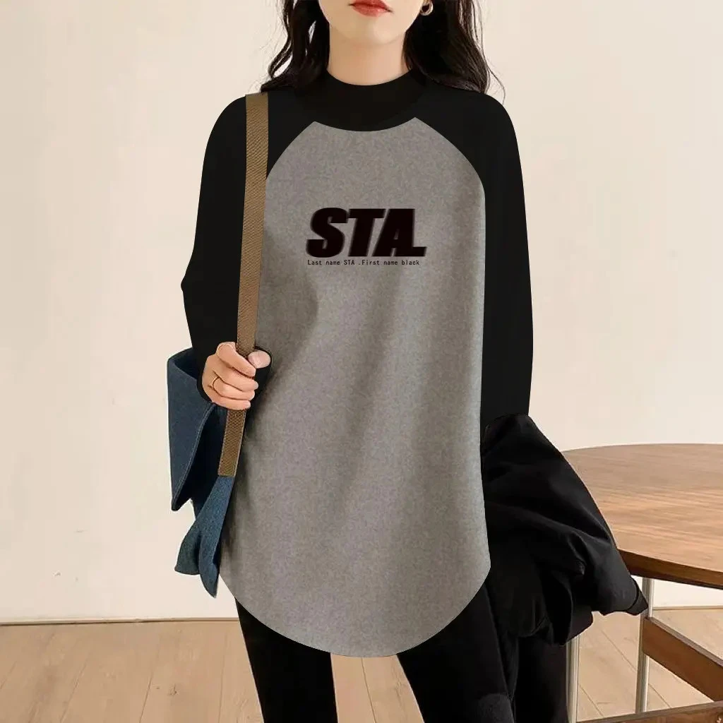 半高领德绒加厚中长款撞色插肩长袖上衣女2025秋冬大码内搭打底衫