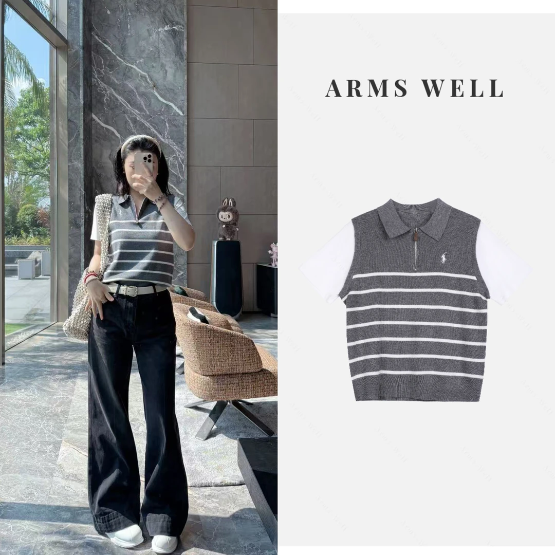 ARMS WELL王囡囡 灰色拼白色翻领条纹拉链绵羊毛假两件短袖 S155