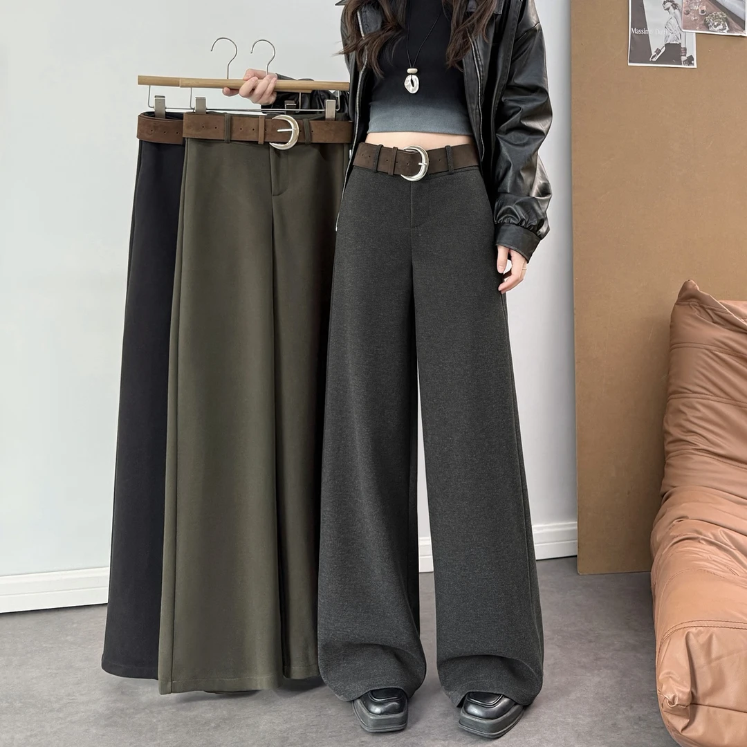 【赠腰带】加厚毛呢裤女2025年冬装新款显高窄版时尚百搭阔腿裤