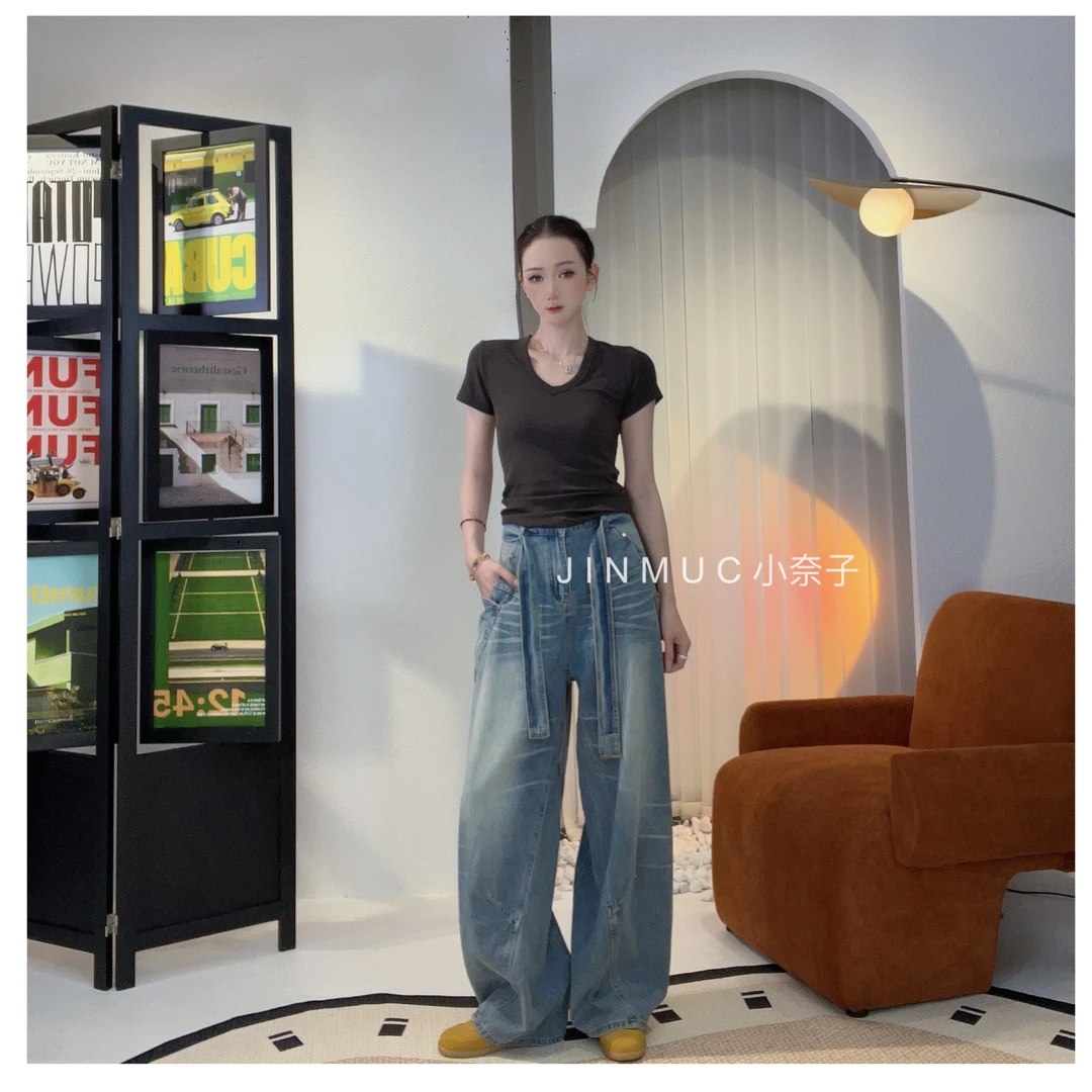 【小奈子】时尚高腰洗水轮廓百搭显瘦牛仔裤