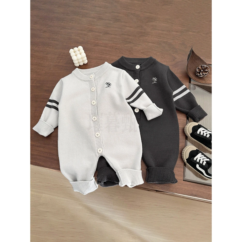 儿童潮牌服装新生婴儿春秋季针织连体衣男女宝宝条纹时髦洋气童装