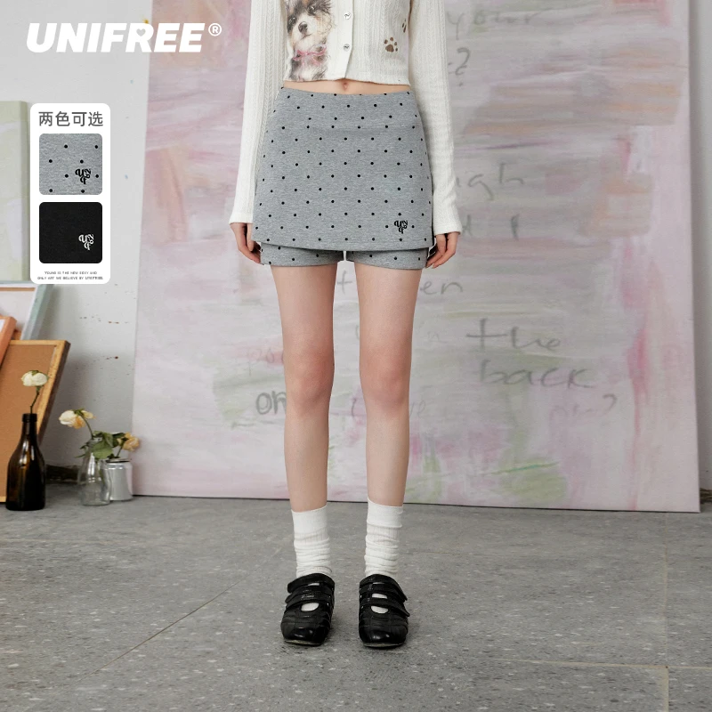 unifree【25年春】波点韩版运动短裙女假两件防走光A字版包臀裙裤