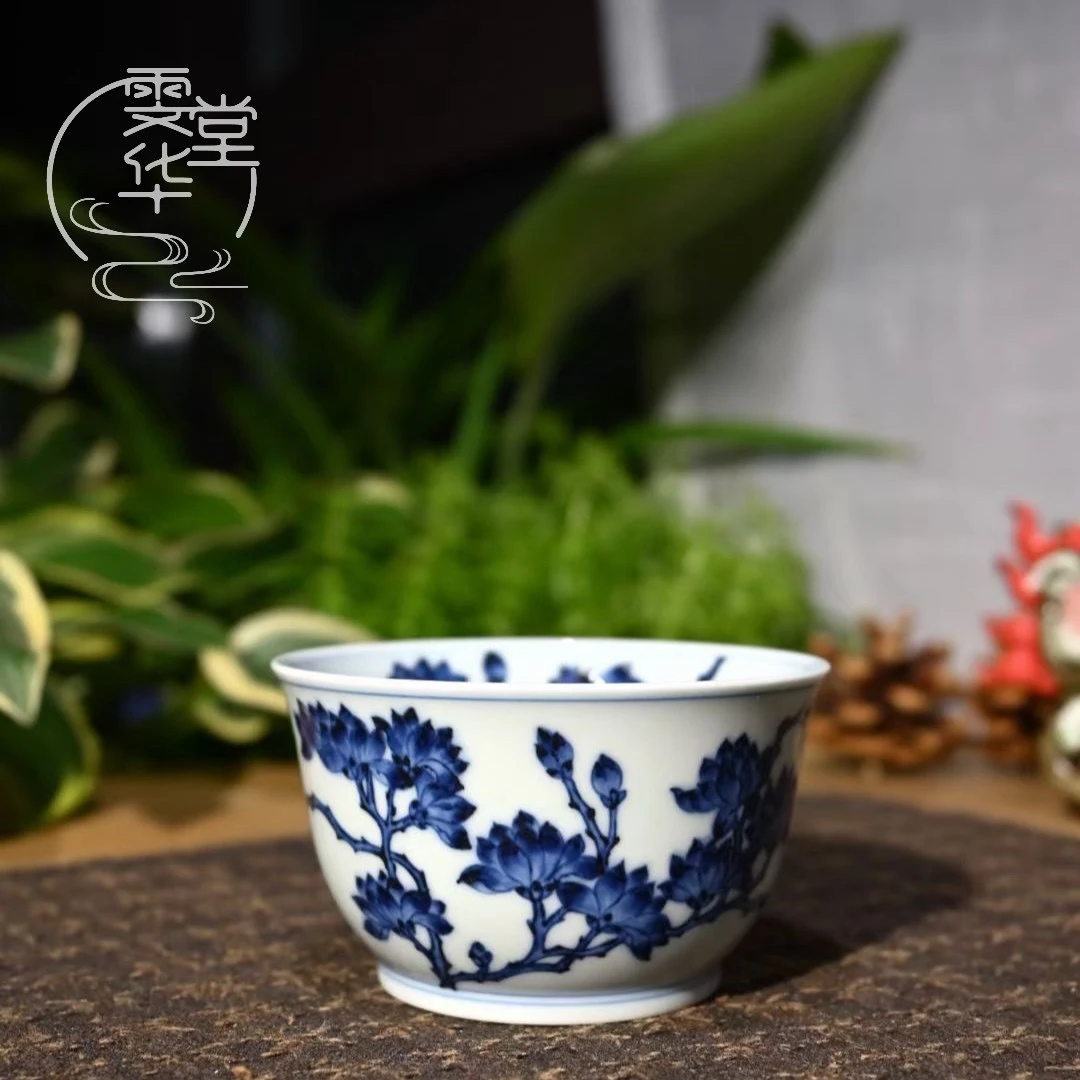 雯华堂|新式仿明青花八方杯景德镇 手工手绘玉兰花主人杯
