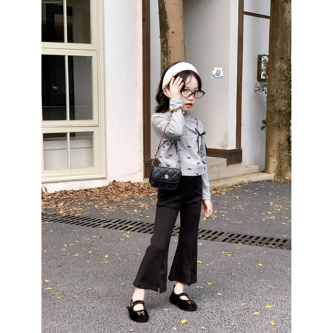 小粉象 ·女童2025秋季新款韩版假两件蝴蝶印花上衣微喇裤套装