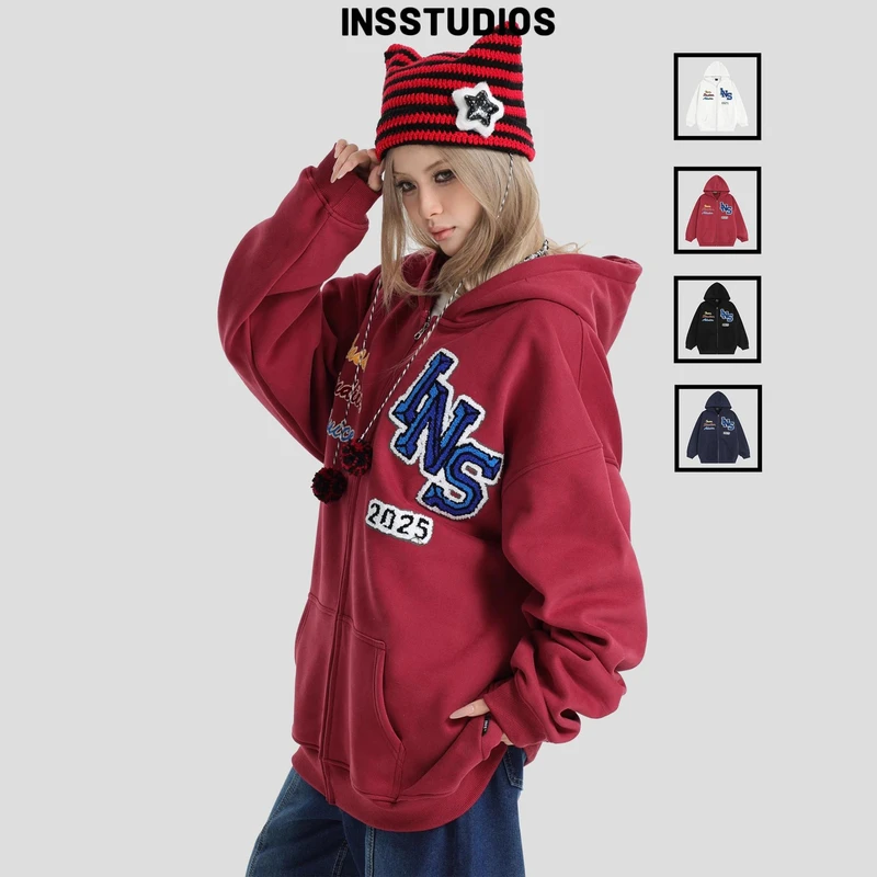 INSstudios国潮牌情侣美式植绒毛巾绣LOGO连帽卫衣加绒开衫外套