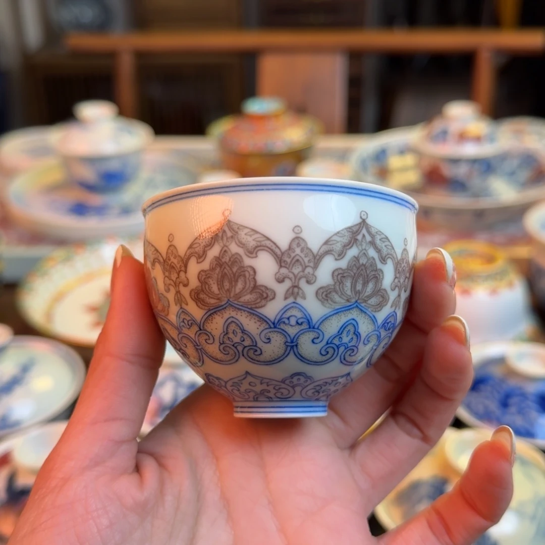 杯重工青花釉里红点工杯纯手绘